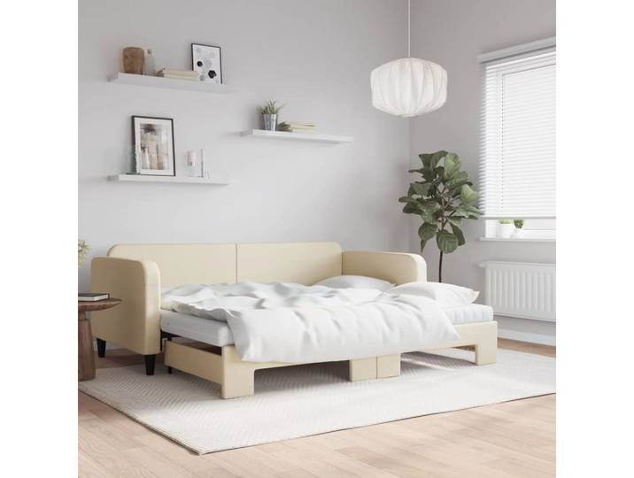 vidaXL Daybed, Tagesbett Ausziehbar mit Matratzen Creme 90x200 cm Stoff