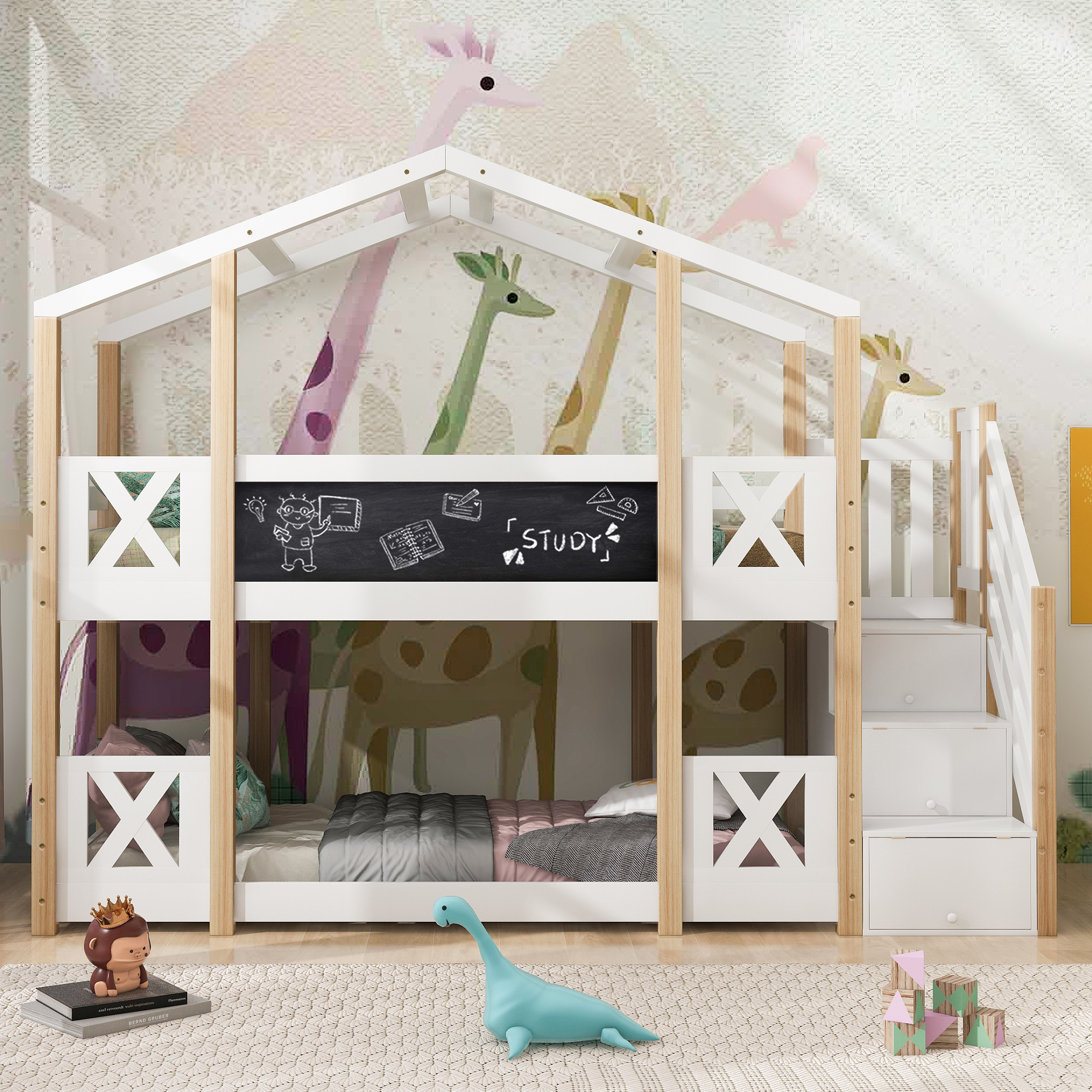 okwish Etagenbett Kinderbett 90 x 200 mit Treppe & Schubladen, Baumhaus Hochbett mit Rausfallschutz, Massivholz Hausbett, ohne Matratze- Weiß
