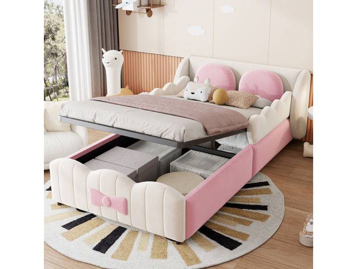 Lit enfant lit rembourré 90 x 200 Bed and Breakfast velours rembourré Beige Adapté pour les garçons et les filles