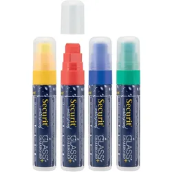 Securit® 4er-Set Flüssigkreidemarker Waterproof – Gelb, Grün, Rot, Blau – Rechteckige Spitze 7-15mm