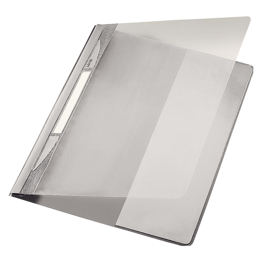 Leitz Schnellhefter Exquisit, DIN A4 Überbreite, PVC, grau PVC-Hartfolie, Vorderdeckel transparent (A4) (4194-00-85)