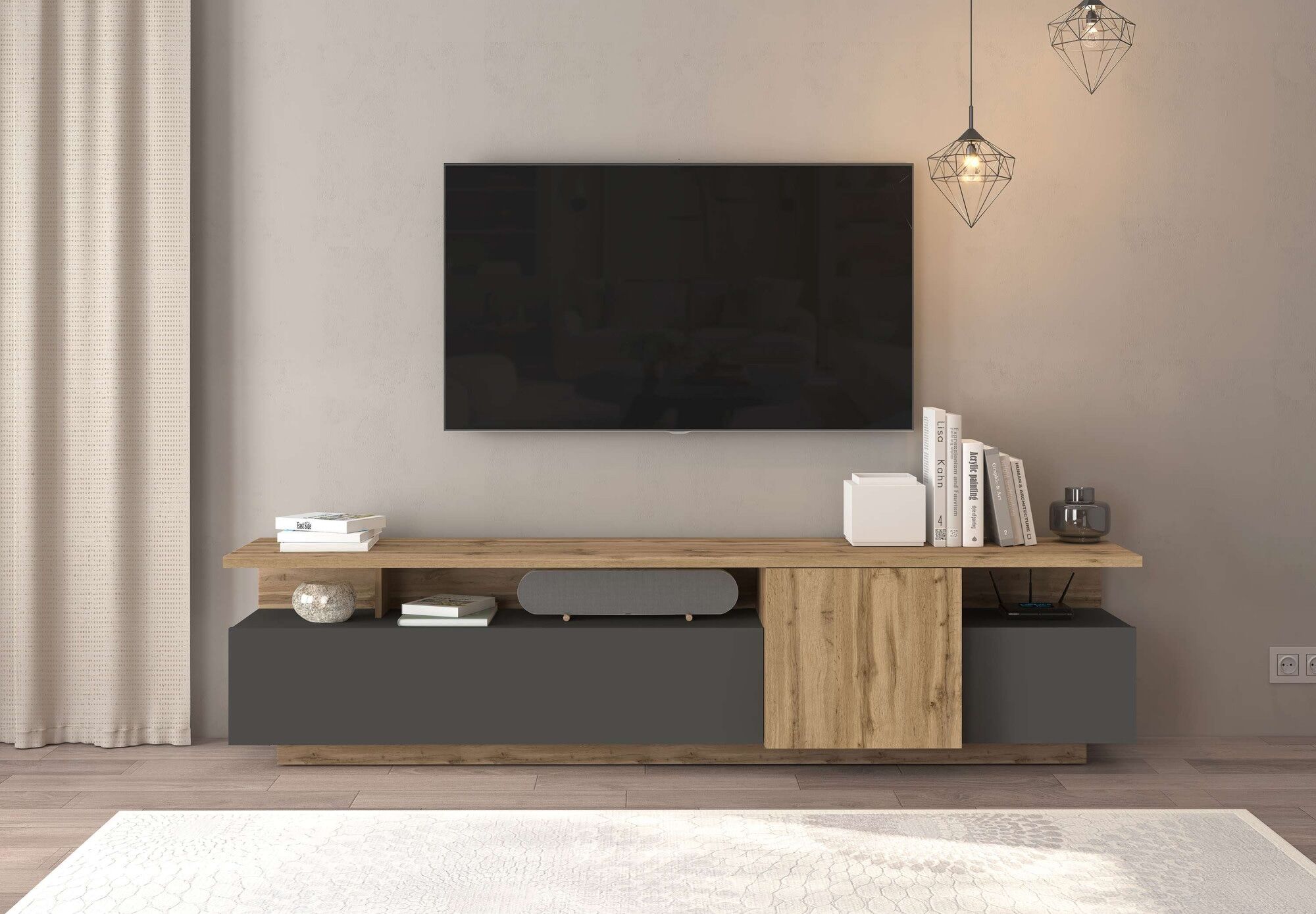 Lowboard GOODPRODUCT "Lowboard ETHOS,Lowboard,TV-Kommode,TV-Möbel,TV-Bank", braun (eiche wotan, anthrazit matt), B:210cm H:50cm T:40cm, Sideboards, Lowboard, Mit zwei Drehtüren, einer Klapptür und zwei offenen Fächern,B.210 cm eiche wotan, anthrazit matt 
