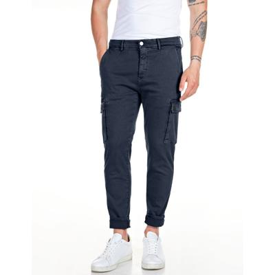Cargohose REPLAY "JAAN", Herren, Gr. 34, Länge 32, blau, Web, Obermaterial: 91% Baumwolle, 6% Elastomultiester, 3% Elasthan, slim fit lang, Hosen Cargohose, Hyperflex