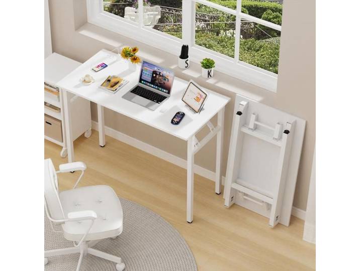 LVHCMFOHM Bureau Pliable Prise Intégrée et Haute Capacité 150kg pour Télétravail et Gaming Blanc 100x50x76cm