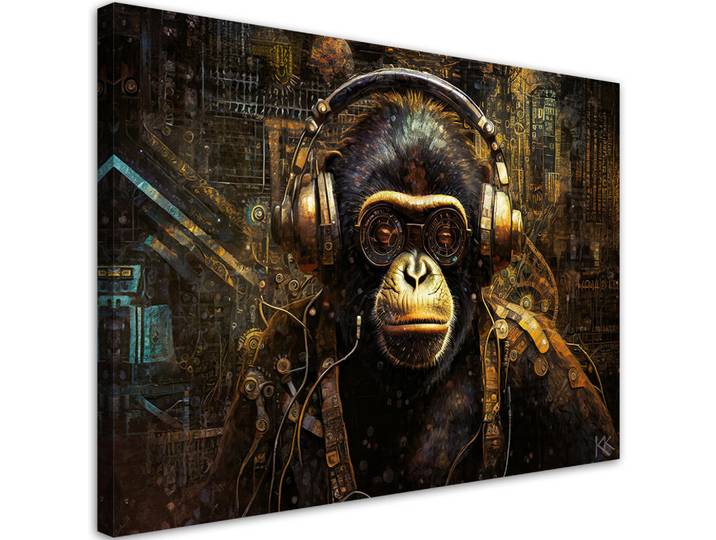 Feeby Leinwandbild Schimpanse mit Kopfhörern 120x80cm, Braun, Tiere, Rechteckig, 120x80 cm, Bilder & Rahmen, Bilder, Leinwandbilder