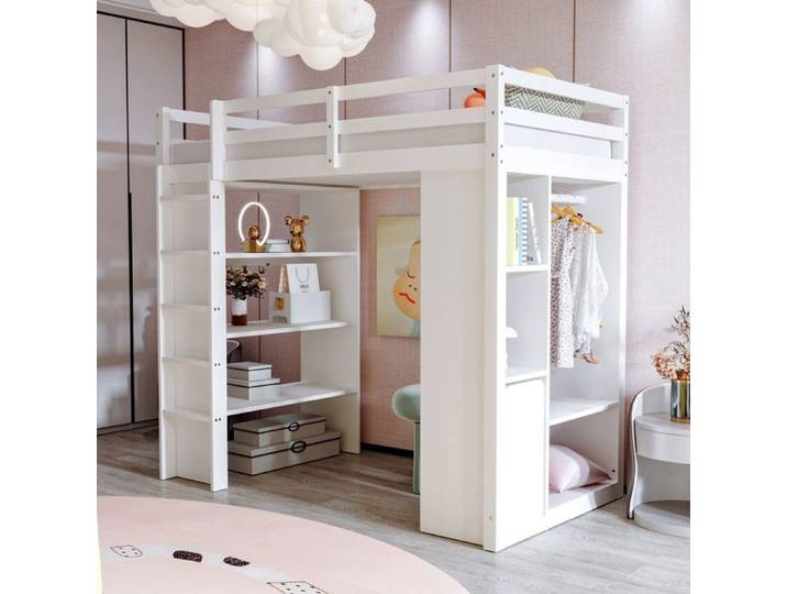 O.Ye Lit mezzanine 90x200cm lit enfant avec étagères cintres simples et compartiments de rangement lit simple avec LIT MEZZANINE