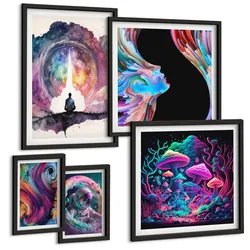 BILDER SET 5er Set - 50x50 cm & 20x30 cm & 40x60 cm Schwarzer Rahmen - Farbenfrohe Fantasy-Kunstillustrationen