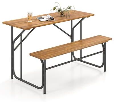 Costway Acacia Wood Patio Table Bench for 2 People One-Side Picnic Table