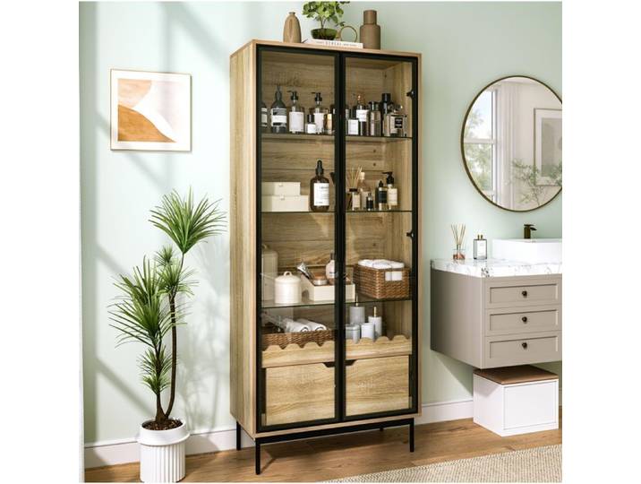 VUENOR Vitrine haute 2 portes vitrées 1 tiroir 75 x 35 x 170 8 cm noir et naturel