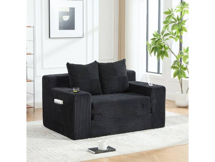 Lit double canapé-lit moderne est un canapé double confortable en cachemire Avec deux oreillers et un porte-gobelets Noir