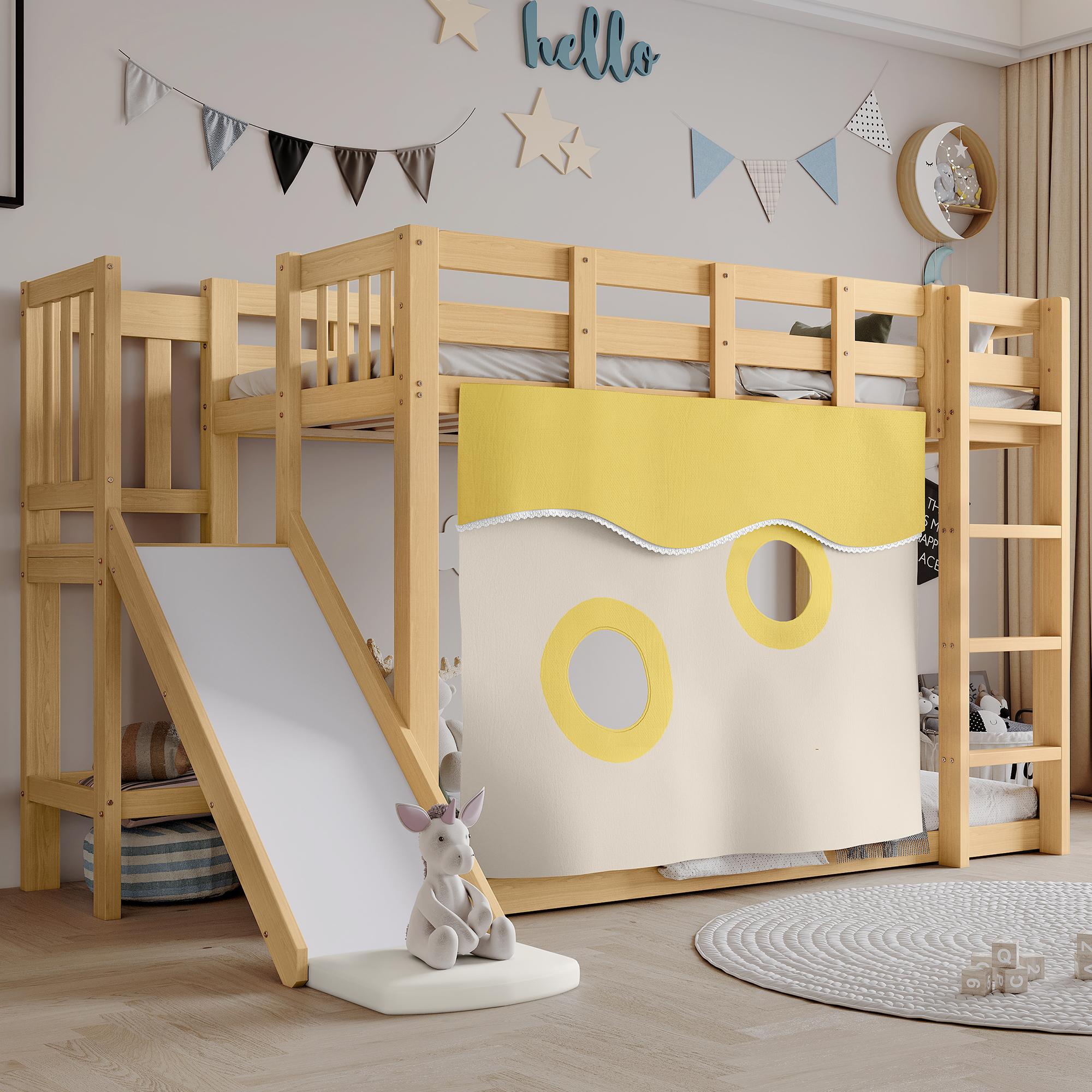 Flieks Etagenbett 90x200cm mit Bettvorhang, Kinderbett Hausbett mit Rutsche, Hochbett mit Leiter und Lattenrost, Stockbett Naturbelassen