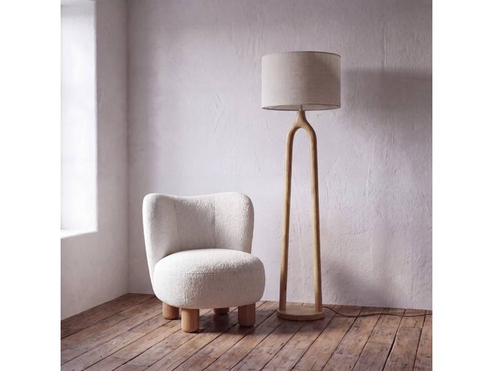 Lampadaire en bois de manguier et abat-jour beige, H168 cm