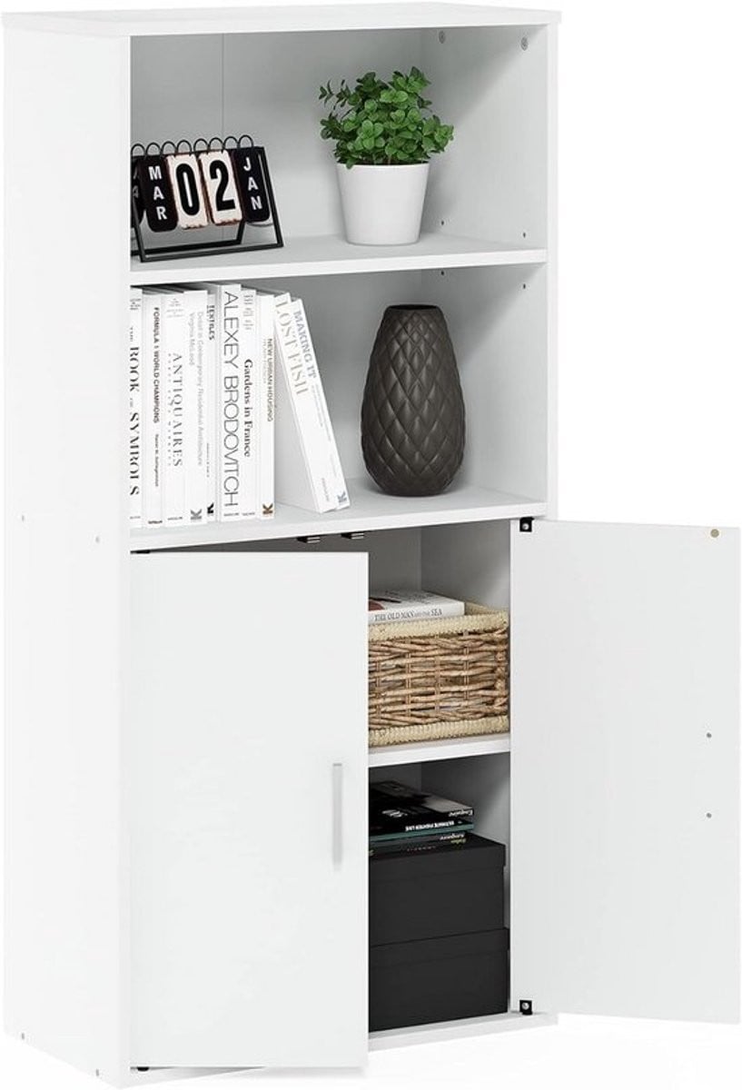 Compacte witte opbergkast met 2 open planken en 2 deuren van MDF