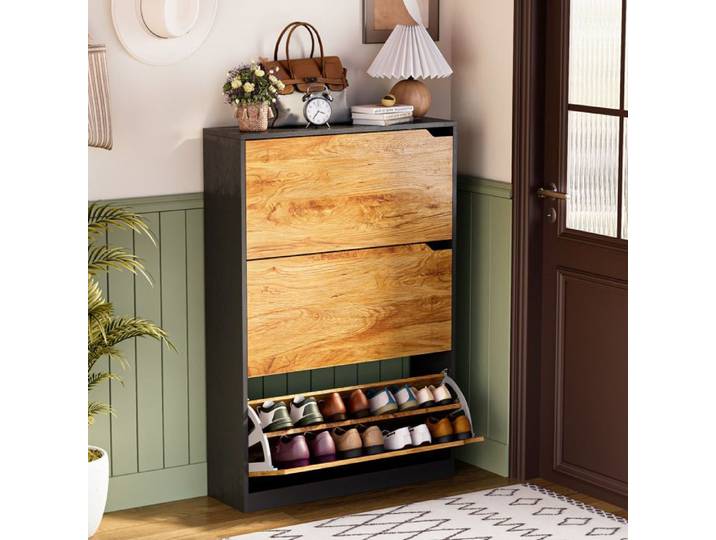 Meuble à chaussures étroit 24cm anti-inclinaison -Armoire à chaussures avec Rangement 3 portes anti-poussière & anti-humidité-Noir