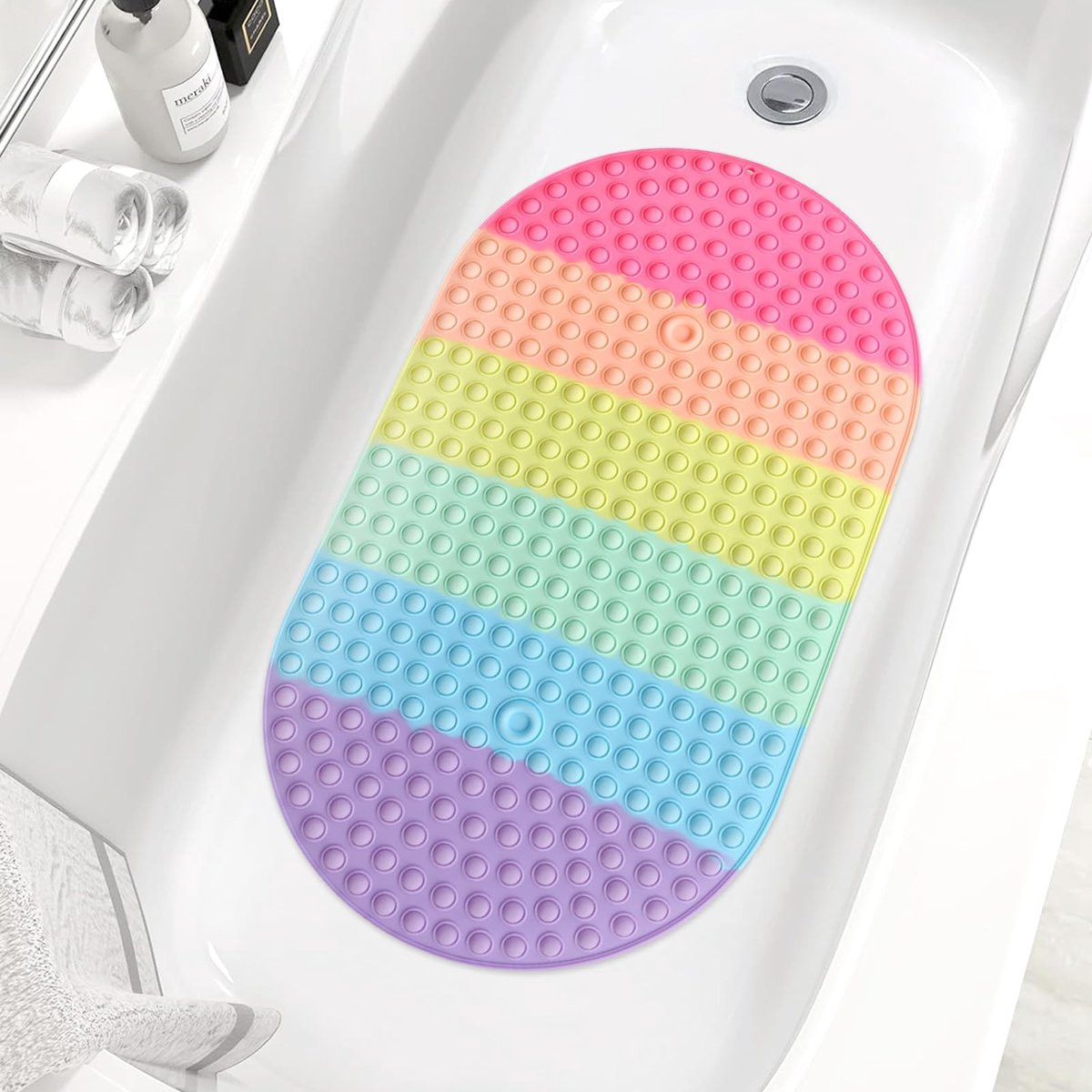 SnelShoppen Ovale antislip badmat van siliconen met zuignappen, regenboogkleur, 69 x 39 cm
