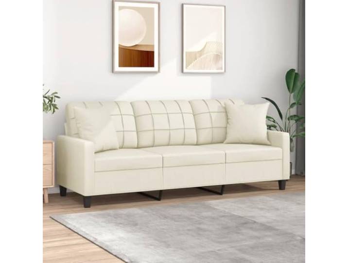 HEFZGDB 3-Sitzer Sofa Creme 180 cm Kunstleder Modernes Design mit Zierkissen Langlebiges Material Schmutzabweisend Robustes Metallgestell Bequeme Polsterung Sitzkomfort Sofakissen