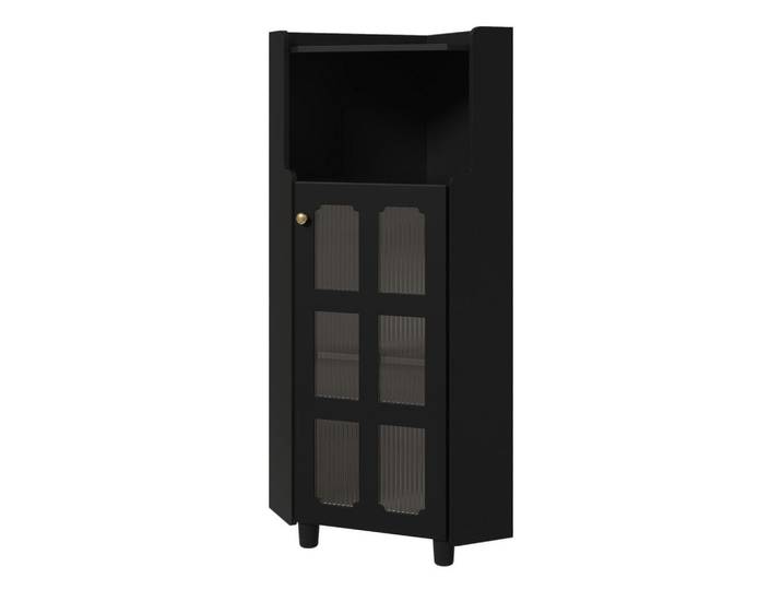Modfu Led-Eckschrank 63.5x16.5x124 cm Schwarz aus Spritzglas mit App-LED & 2-in-1 Stauraum, 63.5x124x16.5 cm, Esszimmer, Vitrinen, Vitrinenschränke