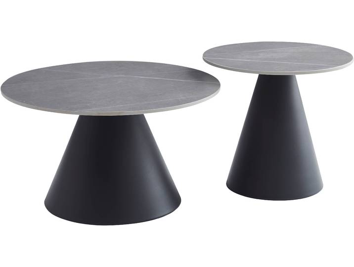 Couchtisch HELA DUSTIN , grau (marmoroptik grau matt, schwarz, schwarz, marmoroptik grau matt), B/H/T: 70cm x 46cm x 70cm, Tische, Couchtisch, 2er Set Couchtisch; rund; Sintered Stone; Gestell kegelförmig