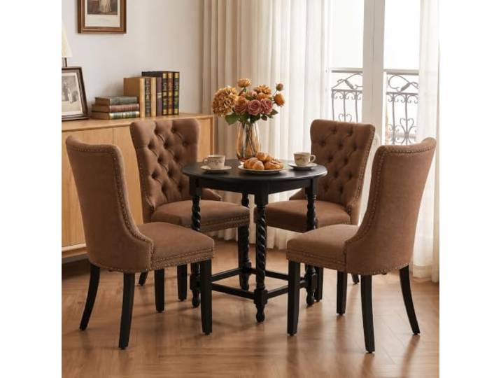 SoarTalent 4er Set Esszimmerstühle Leinen gepolstert Nagelkopf, Coffee Leinen gepolstert, Nagelkopfbesatz, Massivholzbeinen, Metall-Ziehring, für Esszimmer & Wohnzimmer