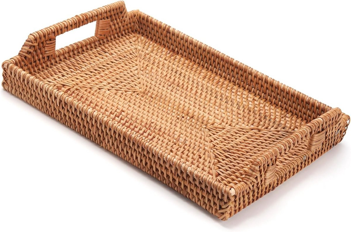 Handgeweven rechthoekig rotan dienblad met handvatten voor serveren of decoratie