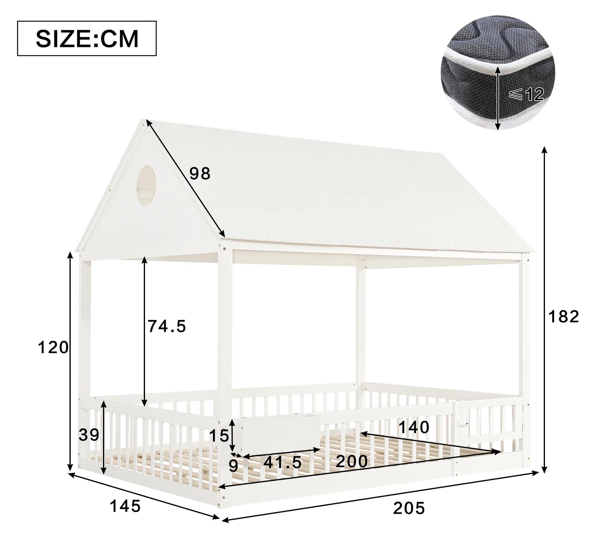 Kinder Hausbett - Einzelbett 140x200 cm - Holzgestell - Klassischer Stil - Fenster- und Dachdetails - Dekorative weiße Vorhänge