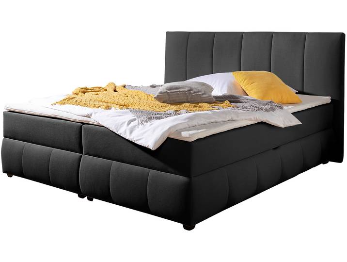 Boxbett, Bonellfederkern, Schwarz, 200×200 cm, Mit Bettkasten & Topper, Modern, Inosign