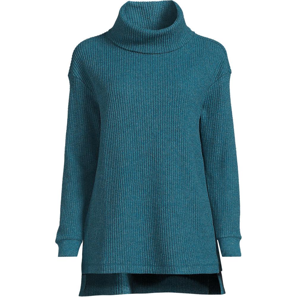 Langer Waffelstrick-Pullover mit Wasserfallkragen, Damen, size: regular, Blau, Baumwoll-Mischung/Polyester-Mischung, by Lands' End