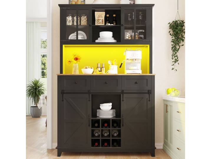 Armoire haute cuisine avec éclairage LED - 105x38.4x180 cm - Noir - Étagères réglables - Éclairage LED variable