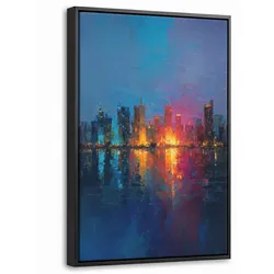 LEINWAND Bilder mit Rahmen - Skyline - Pinselstriche - Dunkelblau - Leuchtend - 40x60