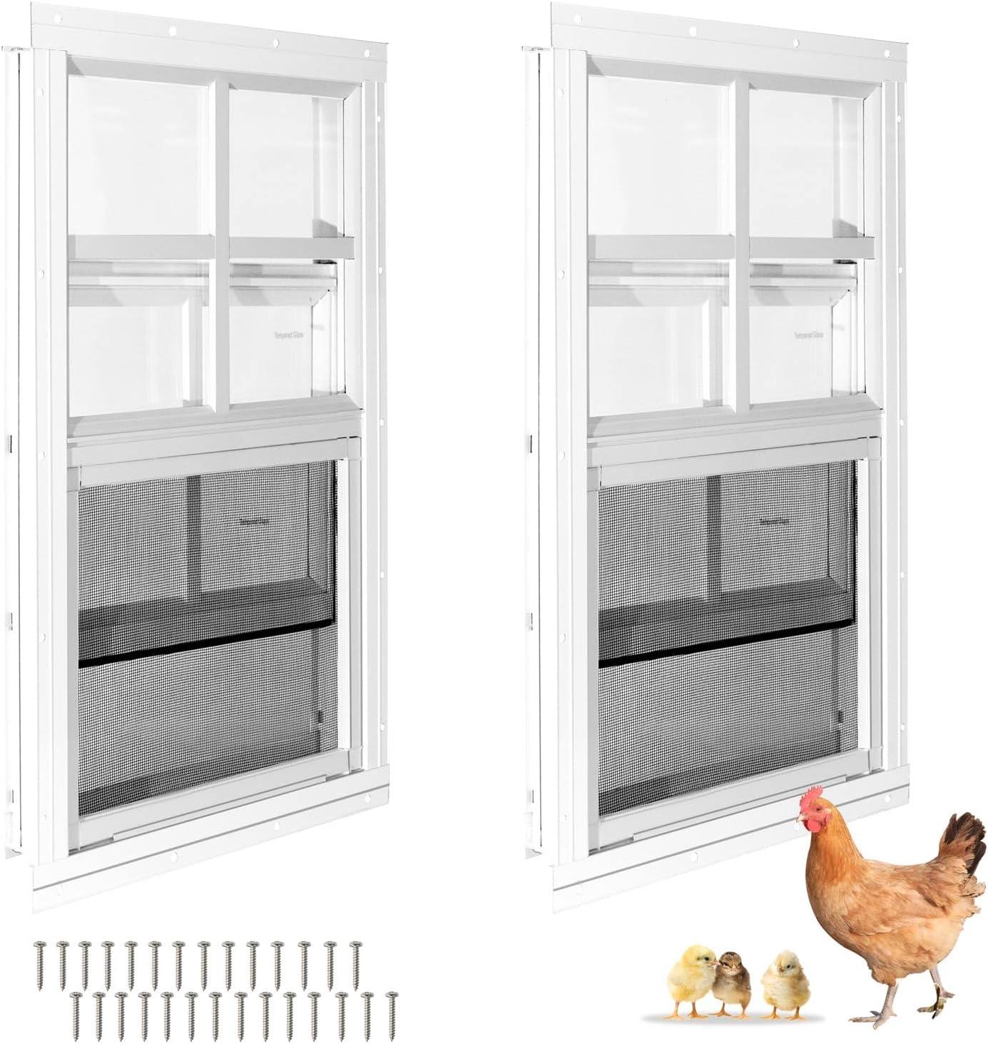 2 Schuppenfenster, 45,7 x 58,4 cm, bündig montiert, kleines Schiebefenster mit gehärtetem Glas und Fiberglas-Sieb für Hühnerstall, Spielhaus, Haushalt, Garage, Scheunen