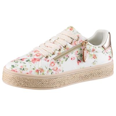Plateausneaker ANISTON SHOES, Damen, Gr. 37, Textil, bunt (weiß geblümt), Lederimitat, Textil, geblümt, Schuhe Plateausneaker, Sneaker, Schnürschuh mit bunten Metallic-Besatz
