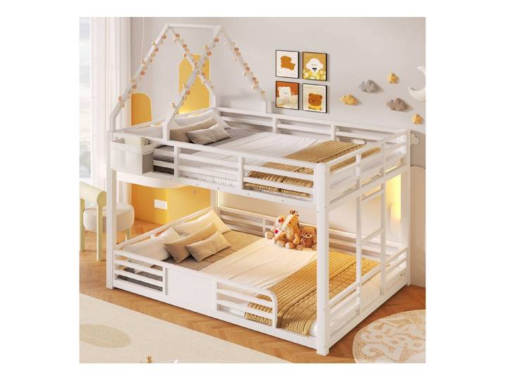 Odikalo Etagenbett Jugendbett Metallbett Bettgestell mit LED Leitplanke Hausbett Design (140x200cm Etagenbett aus Metall mit LED-Beleuchtung, Hausbett-Design DIY-Dachrahmen, Stofftaschen-Aufbewahrung & Sicherheitsgeländer(ohne Matratze)