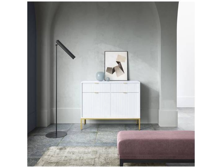 Commode à deux portes - VELLORE - 104 cm - blanc avec pieds dorés