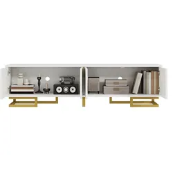 Eleganter TV-Schrank 160x44x38 Weiß mit strukturierten Türen, goldenen Griffen und Füßen, 4 integrierte Regale