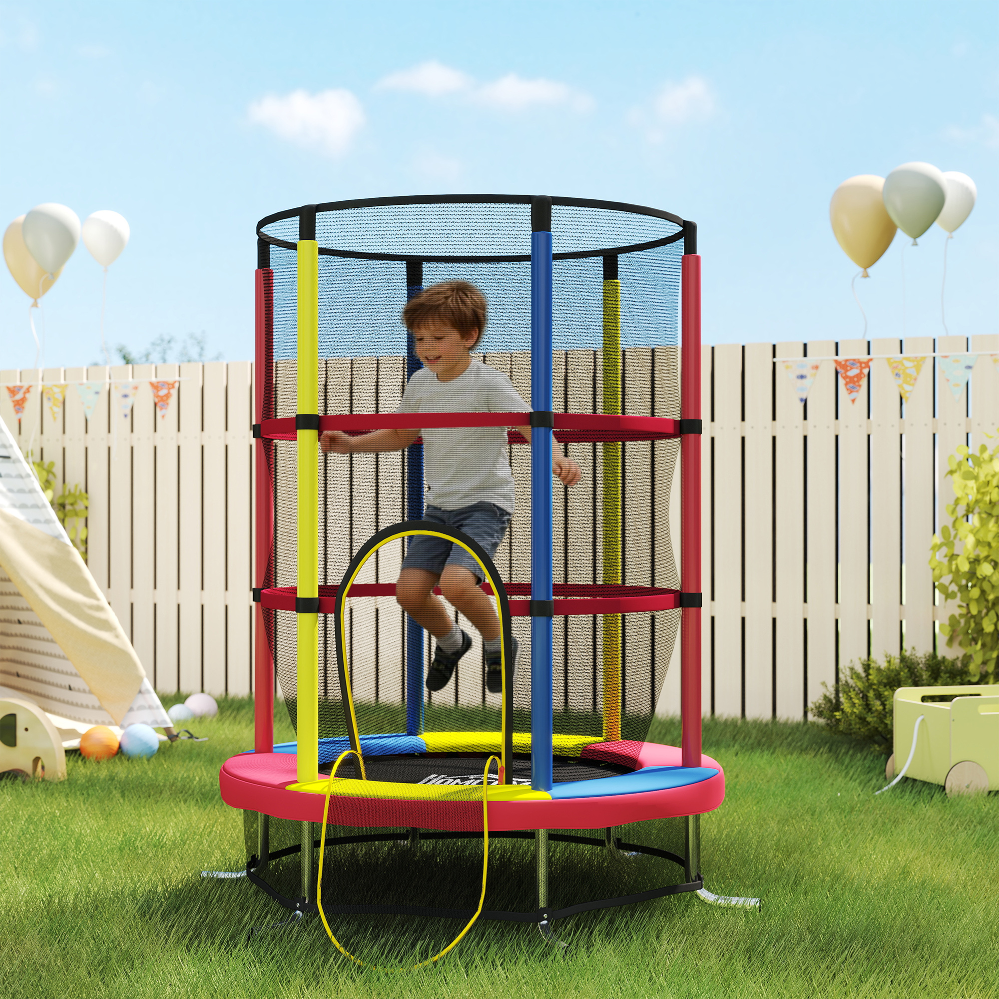 Homcom Trampolino per Bambini 3-6 Anni con Rete di Sicurezza, Senza Molle, Ø160x190 cm, Multicolore   Aosom Italy