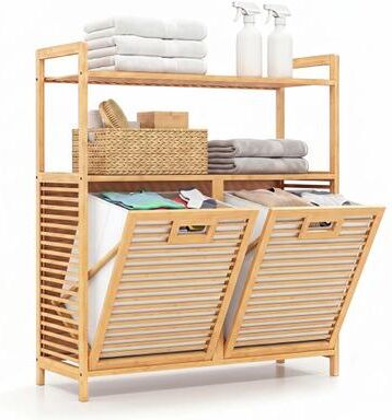 Costway Double Tilt Out Laundry Hamper with 2 Shelves for Dirty Clothes-Natural