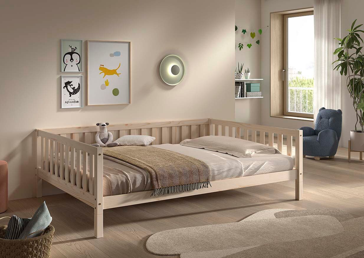 Kinderbett VIPACK "Dallas, Massivholzbett, umbaubar vom Boden- zum Daybett", braun (kiefer natur, kiefer natur, kiefer natur), B:147cm H:66cm L:210cm, Betten, Kinderbett, stabil und standfest gebaut, wahlweise Kiefer massiv natur oder weiss kiefer natur, 