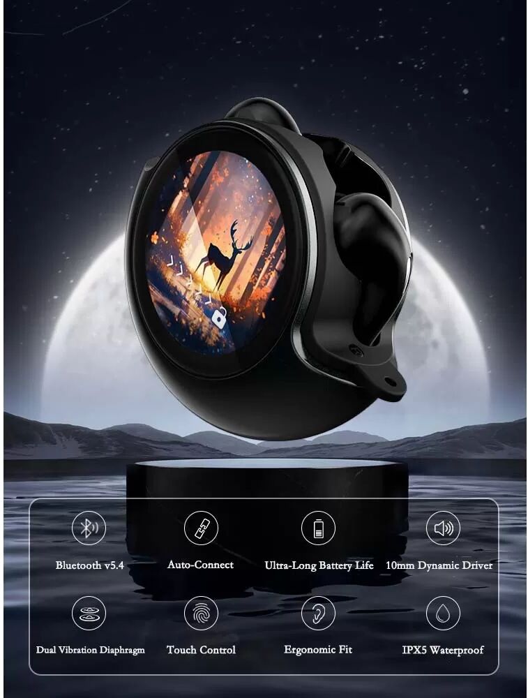 INF In-Ear Bluetooth Kopfhörer Schwarz mit Display – Touchscreen & Lange Akkulaufzeit