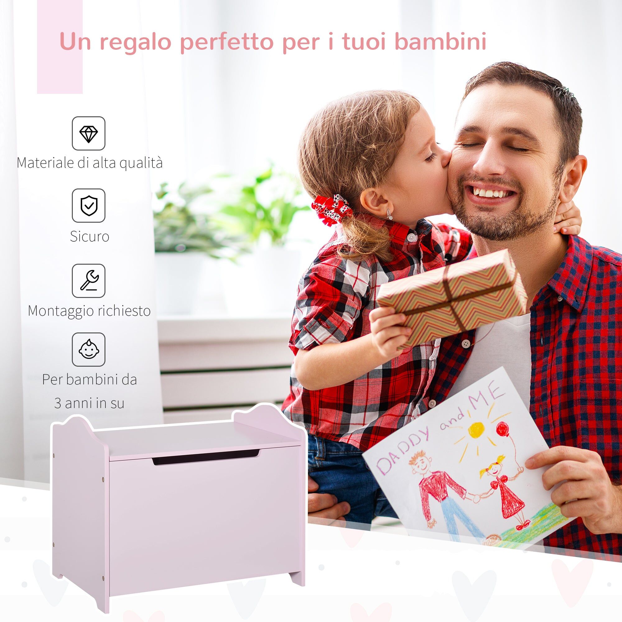 giordanoshop Cassapanca Baule Portagiochi 60x40x48 cm in MDF Rosa...