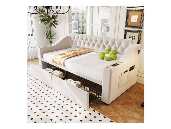 i@home Daybett Polsterbett, Schlafsofa, 90*190 cm, mit USB-Ladeanschluss, Integrierte Ablage, Aufbewahrungsschublade