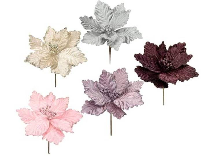 Flair Flower Weihnachtsstern Samt Weihnachtsblume Adventskranz Weihnachtsbaum Weihnachtsdeko Floristik Blumensträuße Blumenarrangement Gesteck,021177VAR,Silber,Creme,Dunkelrot,Altrosa,Rosa,21x18x18cm