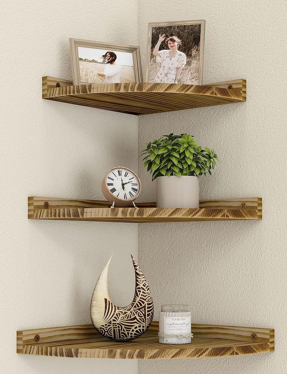 Set van 3 zwevende hoekplanken voor keuken, badkamer of woonkamer, houtkleur