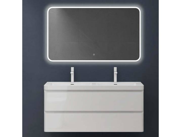 doporro Meuble de Salle de Bain Suspendu Blanc 120x48x55cm Ensemble de 3 Pièces Meuble avec Lavabo et Miroir Design Lucca