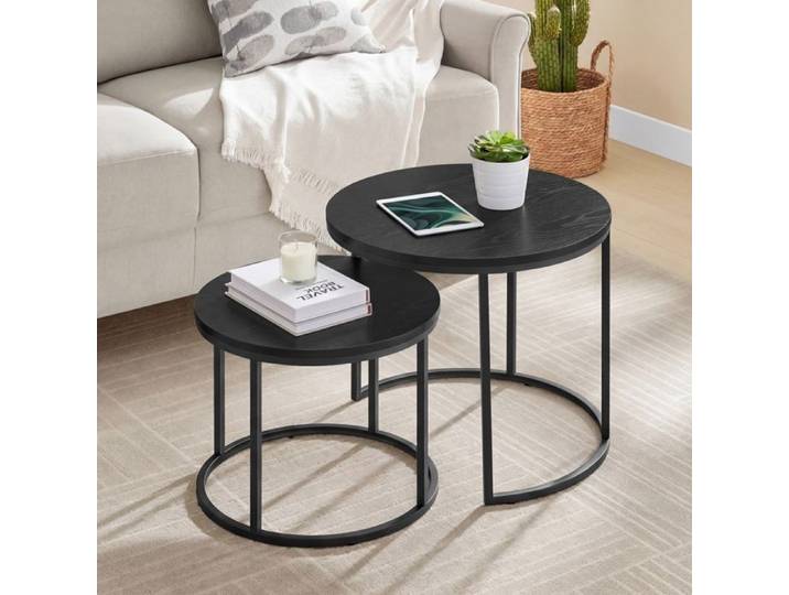 Lot de 2 tables gigognes - Tables basses de salon - Set de 2 tables rondes - Diamètre 43cm et 53 cm - Noir