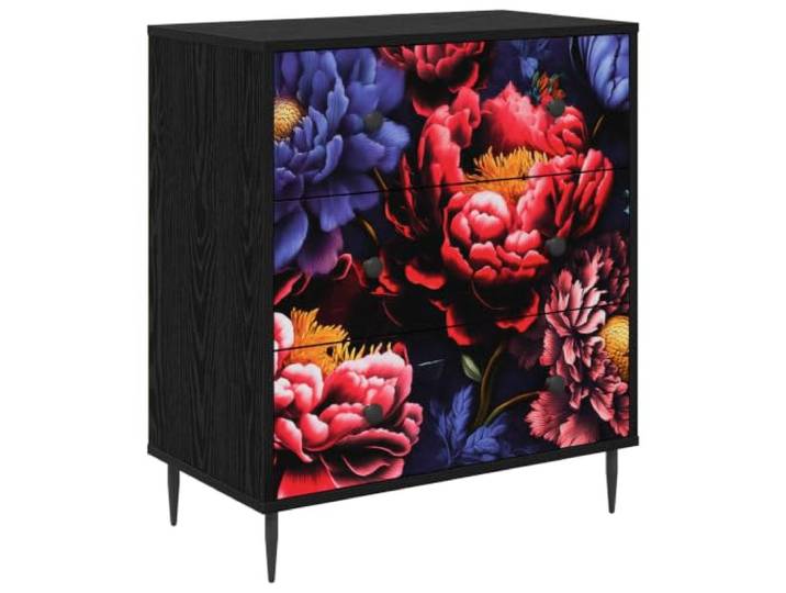 KLGBNCVE Kommode Kiel Holzwerkstoff 66 x 36,5 x 76 cm mit 3 Schubladen Dunkler Pfingstrosen-Druck, matte Griffleisten, erhöhte Füße, Holzwerkstoff, Schlafzimmer, Wohnzimmer
