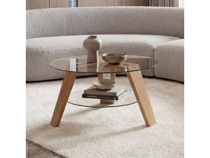 MCA Couchtisch HWC-P59 Massiv-Holz Glas rund Ø 75cm Eiche - natur Beistelltisch, Kaffeetisch, Wohnzimmertisch