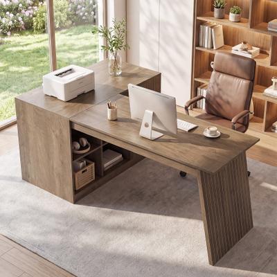 YUZHOU "66"" L Shaped Corner Desk with Shelves and Cabinet, Wooden Home Office Computer Desk, Workstation with Sturdy Trapezoid Base"