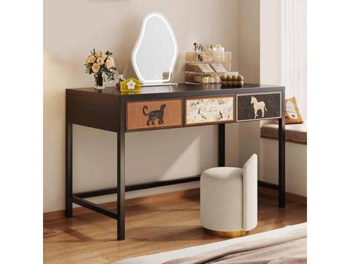 Schminktisch, komplett ausgestattet, einfach aufzubauen Vintage-Schminktisch mit integrierter Kommode, geeignet for Schlafzimmer, Wohnzimmer oder Arbeitszimmer(Three-drawer)