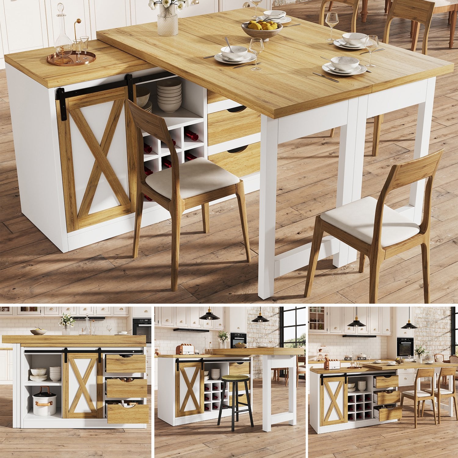 Multifunctioneel Keukeneiland met Schuurdeurdesign en 3 Laden - Rustiek - Breedte: 120-197 cm