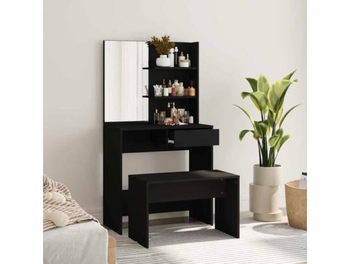 Schminktisch-Set, schwarz, 74,5 x 40 x 141 cm, mit Hocker und Spiegel Schminktisch, Holzwerkzeug, Aufbewahrung von Kosmetik und Schmuck, Wandbefestigung im Lieferumfang enthalten